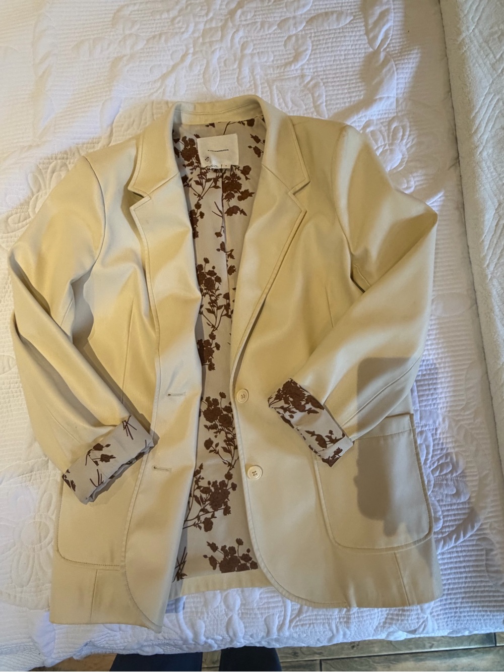 Anthropologie Cream faux leather Tailored Blazer with Floral Lining